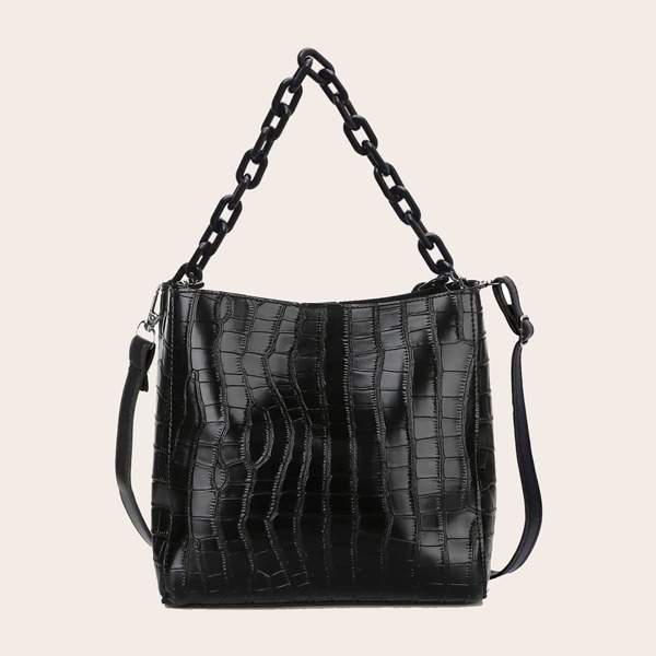 

Croc Embossed Shoulder Bag, Black