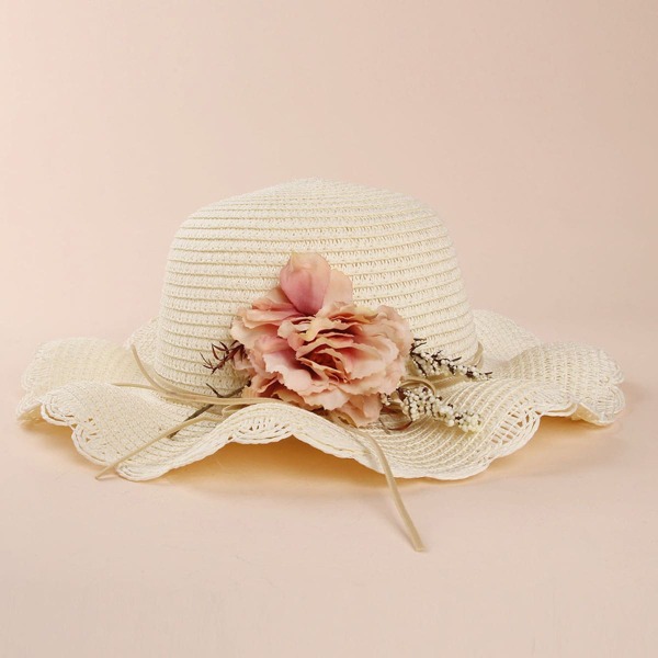 

Girls Flower Decor Straw Hat, White
