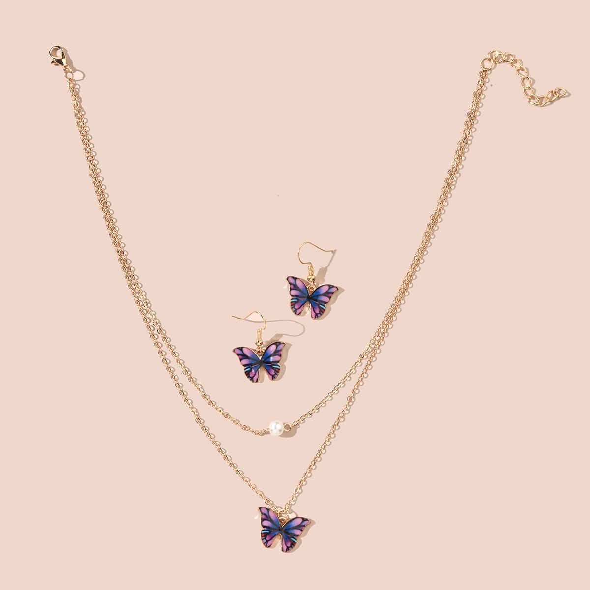 

1pair Butterfly Design Drop Earrings & 1pc Necklace, Purple