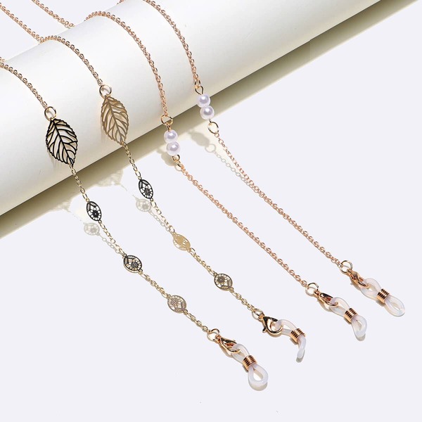

2pcs Leaf & Faux Pearl Decor Glasses Chain, Gold