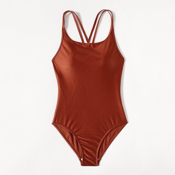 

Crisscross Back One Piece Swimsuit, Rust brown