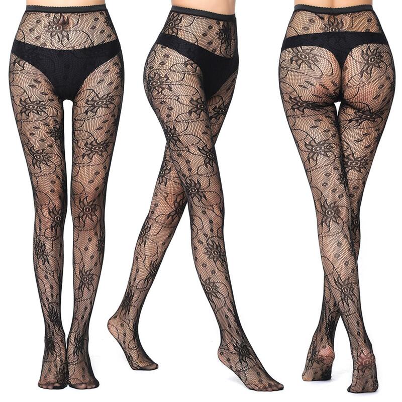

Floral Pattern Fishnet Tights, Black