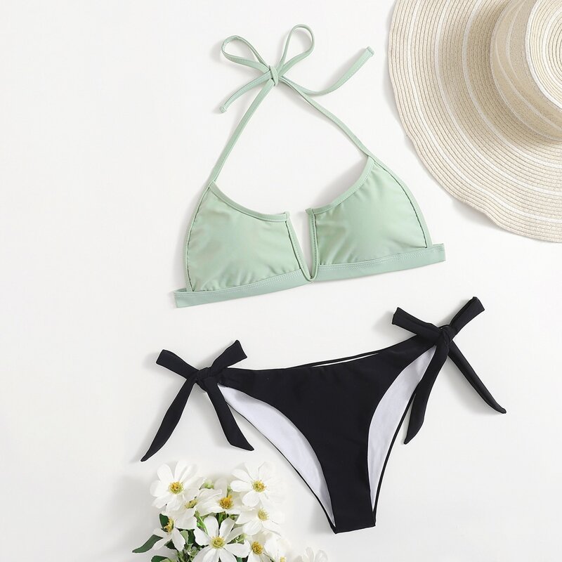 

V-wired Tie Side Bikini Swimsuit, Multicolor