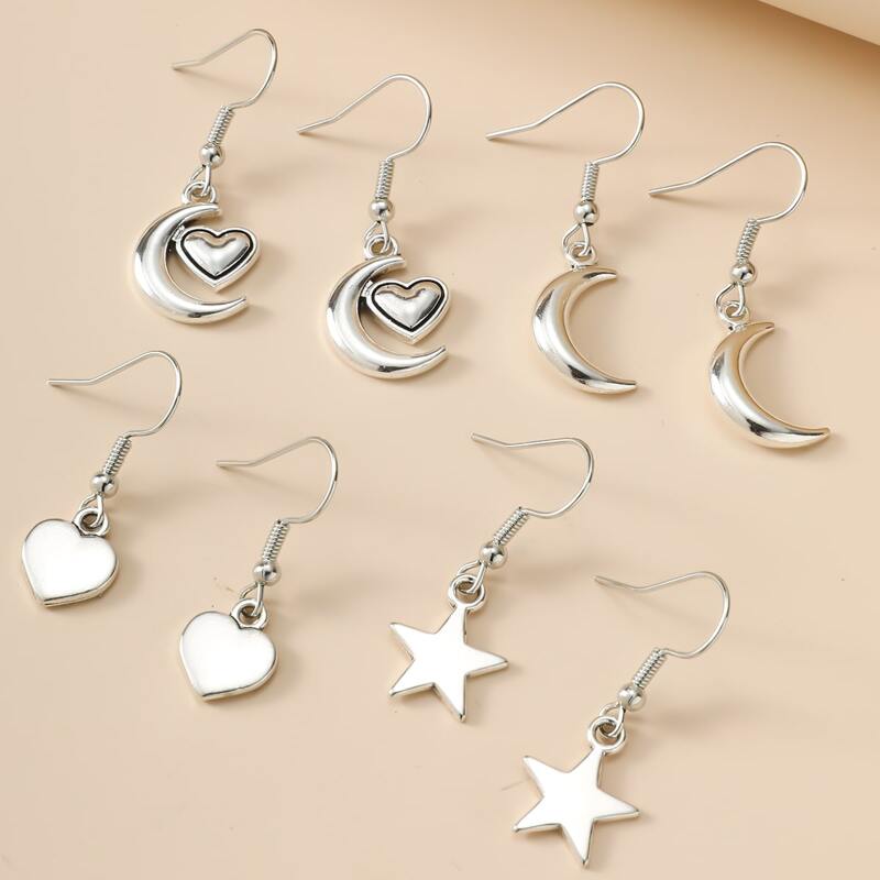 

4pairs Star & Moon Design Drop Earrings, Silver