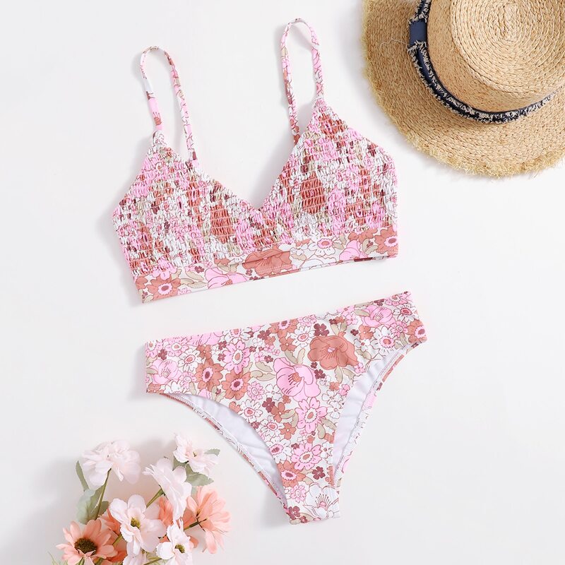 

Floral Smocked Bikini Swimsuit, Multicolor