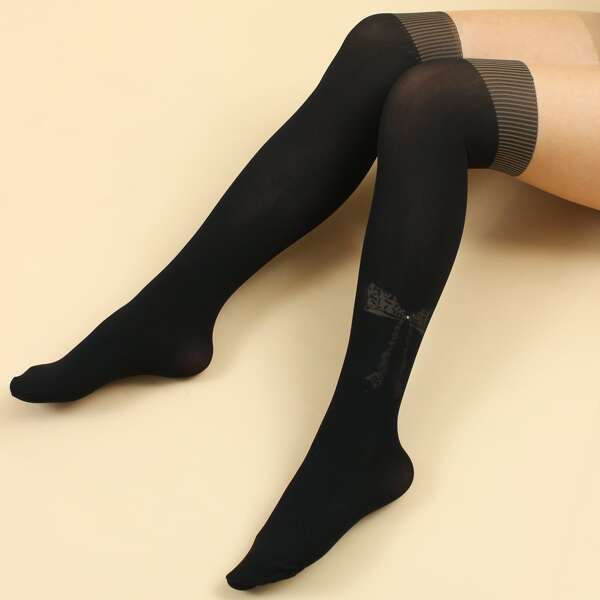 

1pair Graphic Tights, Black