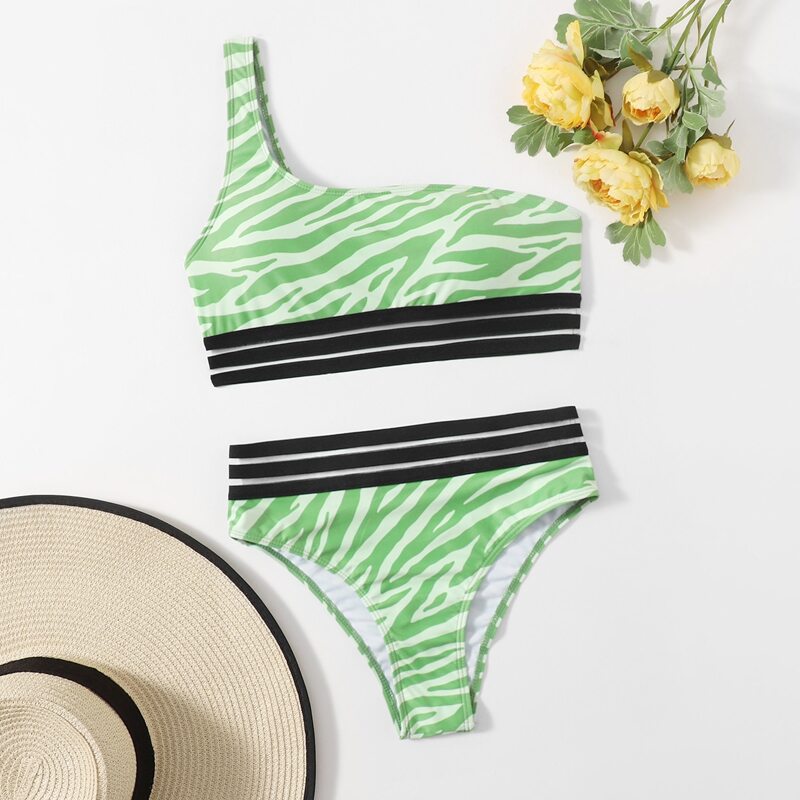 

Zebra Stripe Contrast Mesh Bikini Swimsuit, Multicolor