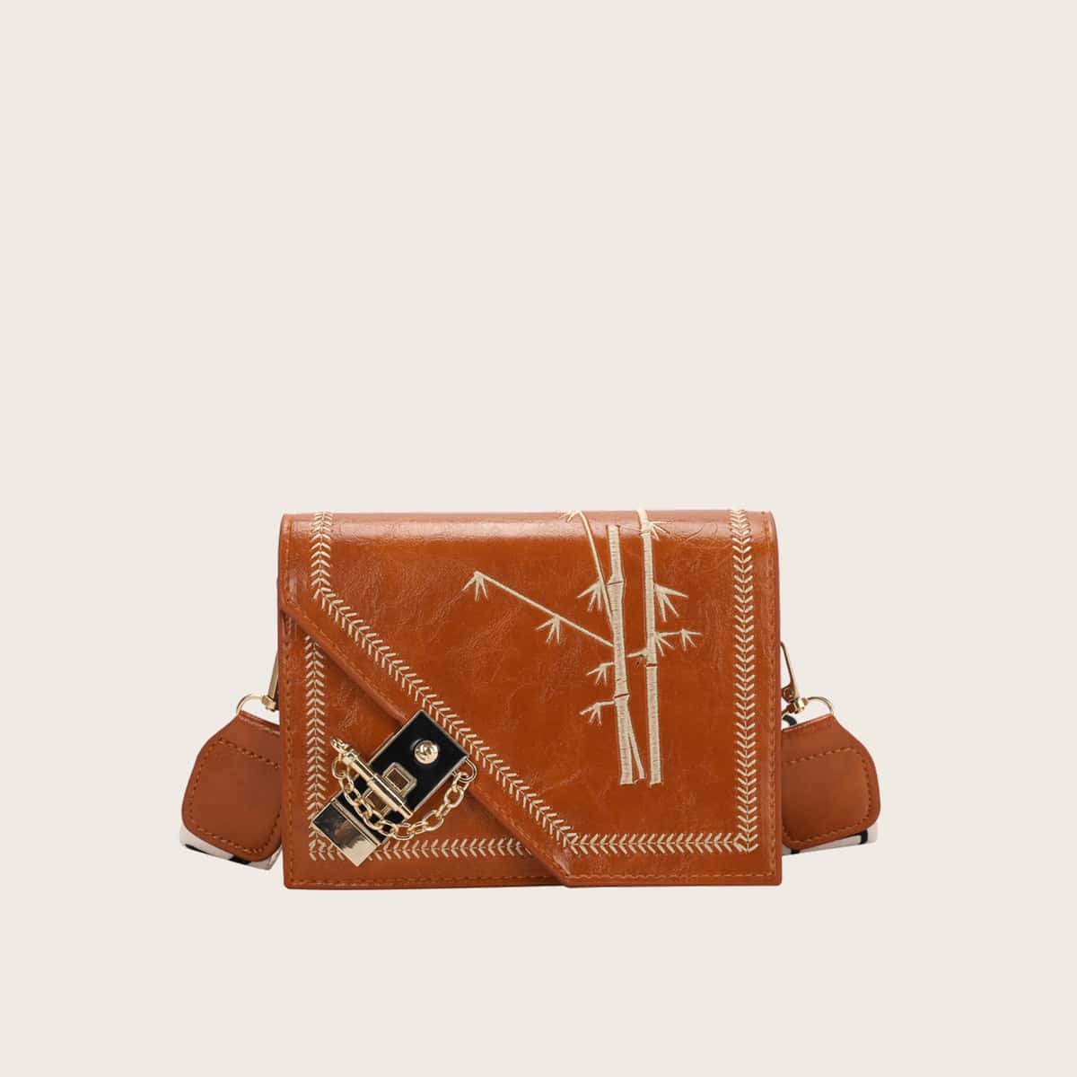 

Bamboo Embroidery Crossbody Bag, Brown