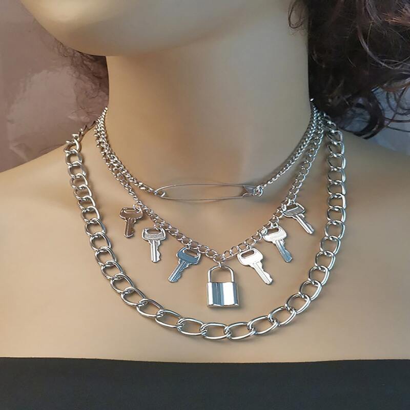 

3pcs Lock & Key Pendant Layered Chain Necklace, Silver