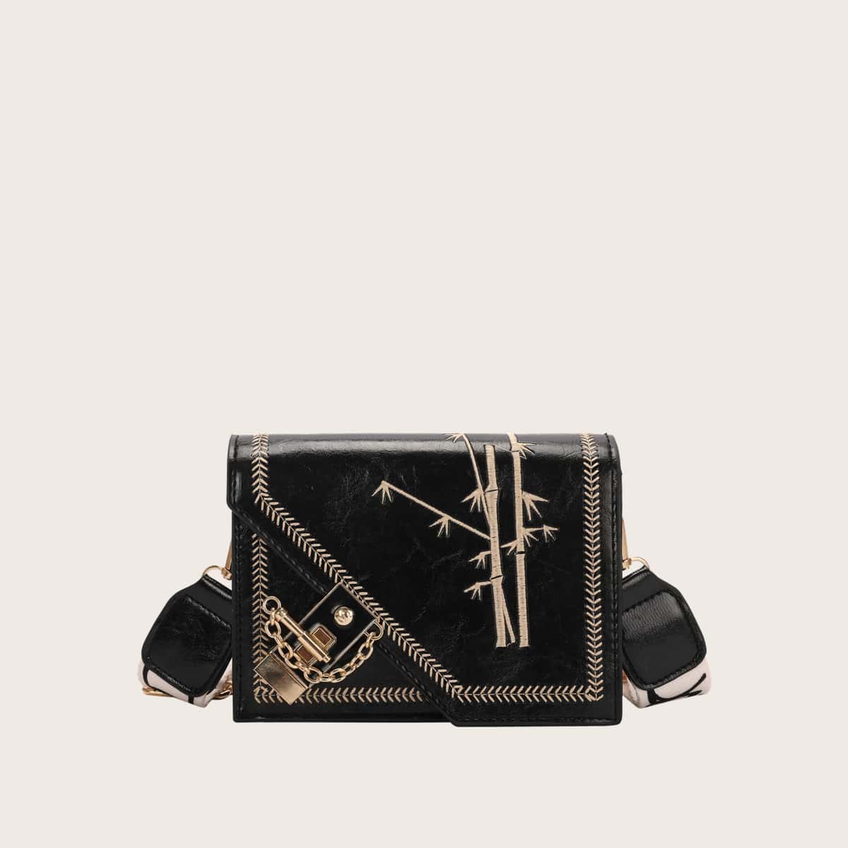

Bamboo Embroidery Crossbody Bag, Black