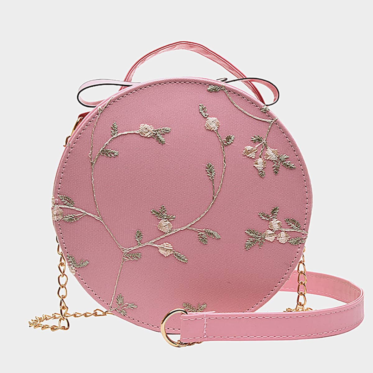 

Floral Embroidery Round Satchel Bag, Baby pink