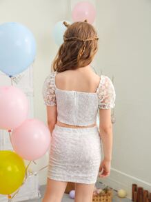 SHEIN Girls Puff Sleeve Embroidery Mesh Top & Split Hem Skirt Set - White - View 2