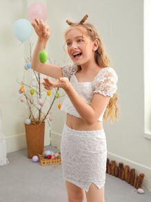 SHEIN Girls Puff Sleeve Embroidery Mesh Top & Split Hem Skirt Set - White - View 3