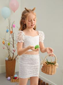 SHEIN Girls Puff Sleeve Embroidery Mesh Top & Split Hem Skirt Set - White - View 4