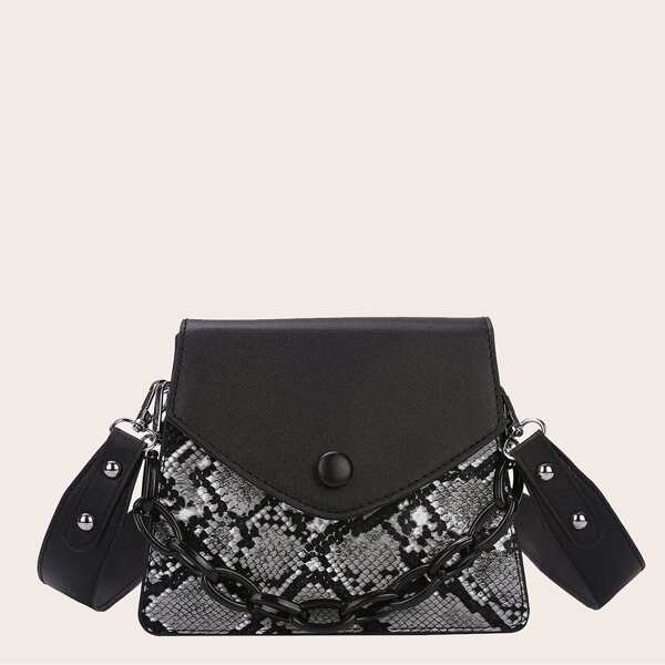 

Snakeskin Chain Satchel Bag, Black