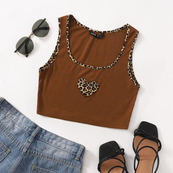 

Contrast Leopard Binding Heart Patched Tank Top, Coffee brown