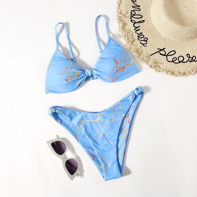 

Marble Knot Decor Bikini Swimsuit, Blue
