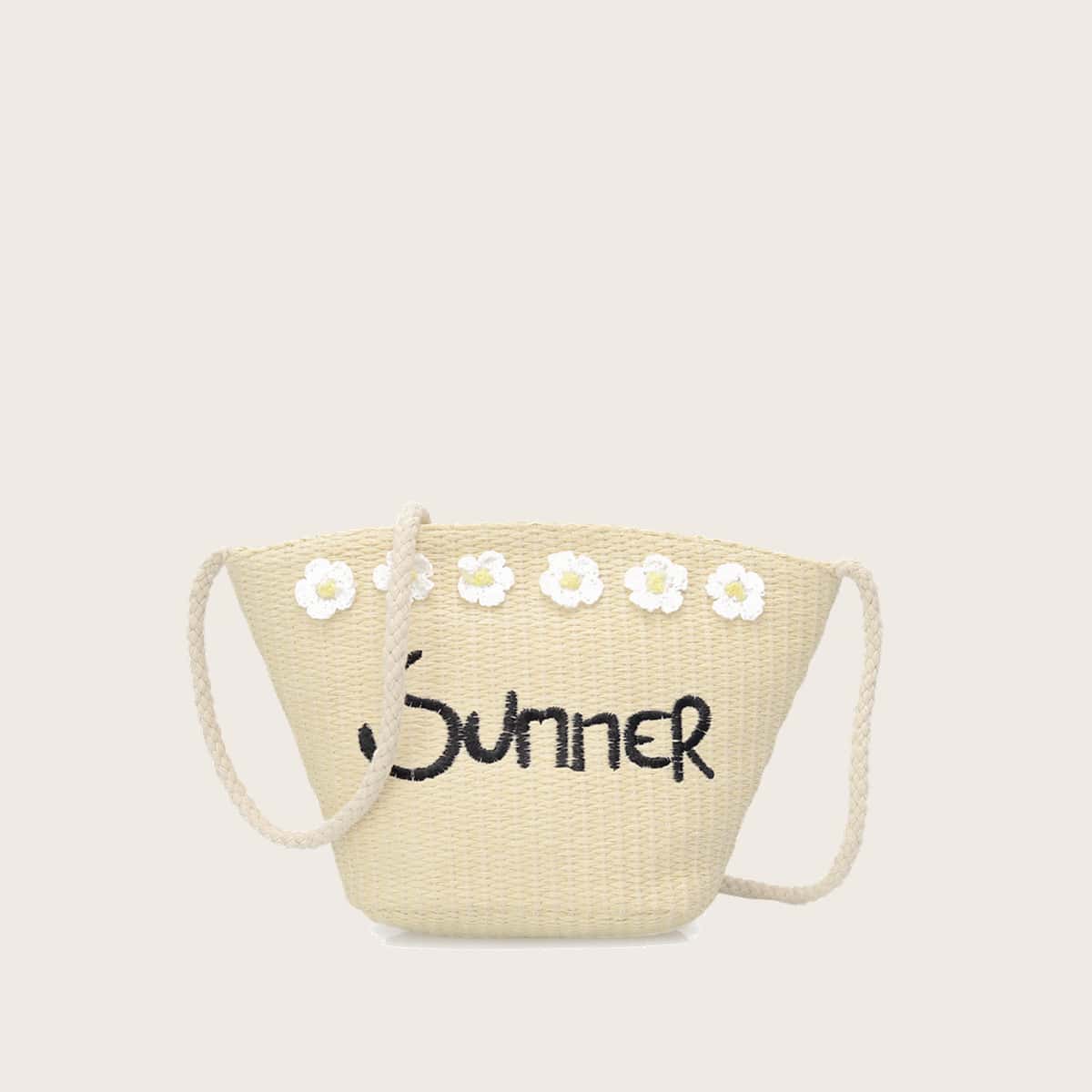 

Floral Applique Straw Crossbody Bag, Beige