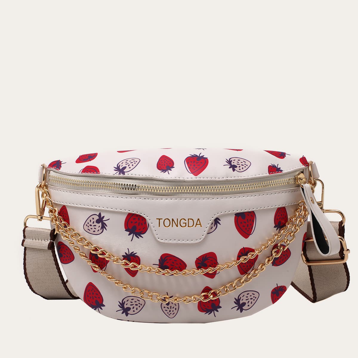 

Chain Decor Strawberry Graphic Fanny Pack, Beige