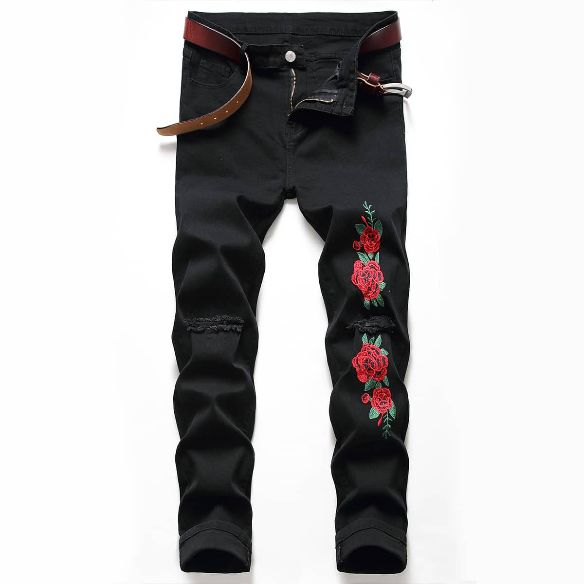 

Guys Rose Embroidery Ripped Jeans, Black
