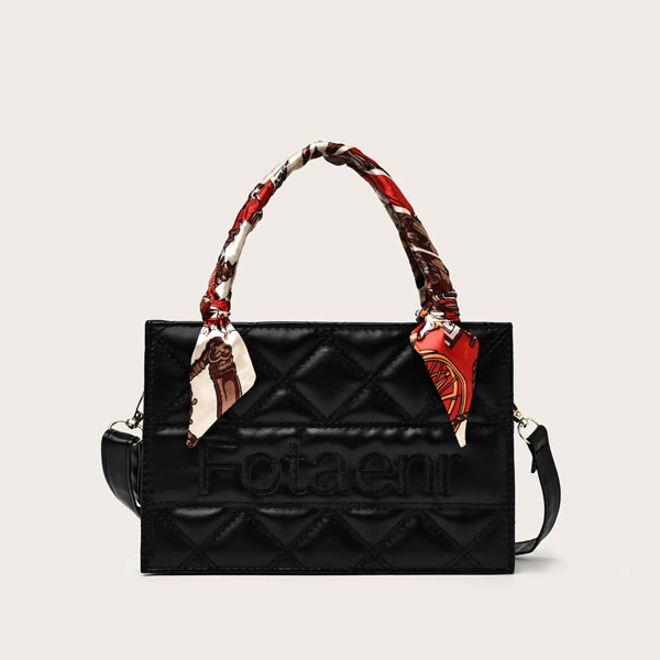 

Twilly Scarf Decor Quilted Satchel Bag, Black