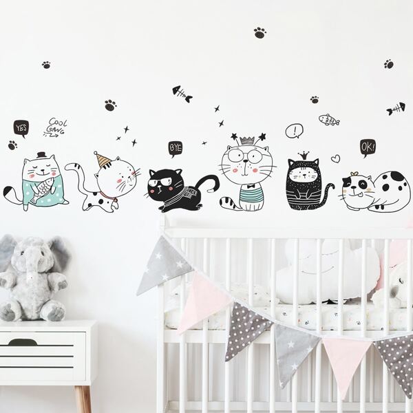 

Kids Cartoon Cat Print Wall Sticker, Multicolor