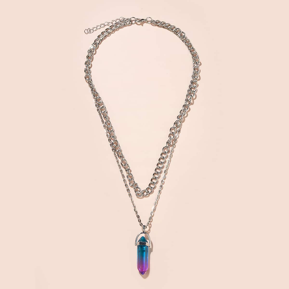 

1pc Quartz Pendant Layered Chain Necklace, Silver