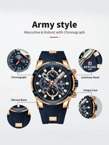 REWARD REWARD Men's Quartz Watch Silicone Band Business Fashion Style Timing Calendar Luminous Hands Multi-Functional Men Wristwatch High Quality Gift Classic Design Watch Band