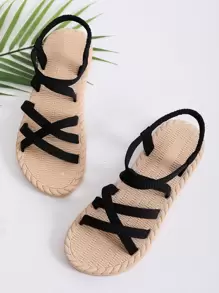 Minimalist Open Toe Sandals, Women's Fashionable Solid Color Black Flat Sandals Valentines