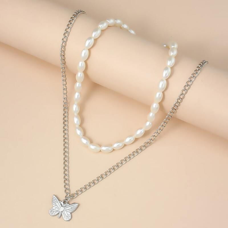2pcs Butterfly Pendant Layered Necklace, Silver