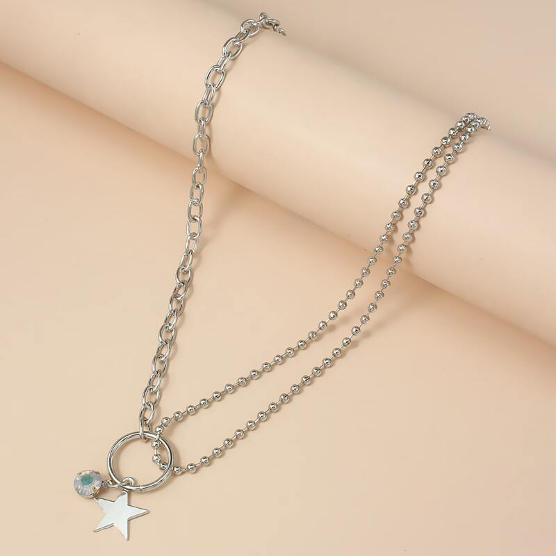 

1pc Star Pendant Layered Chain Necklace, Silver