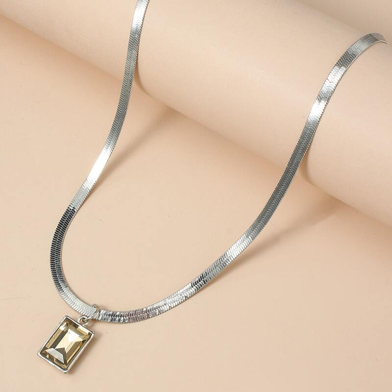 

1pc Square Gemstone Pendant Necklace, Silver