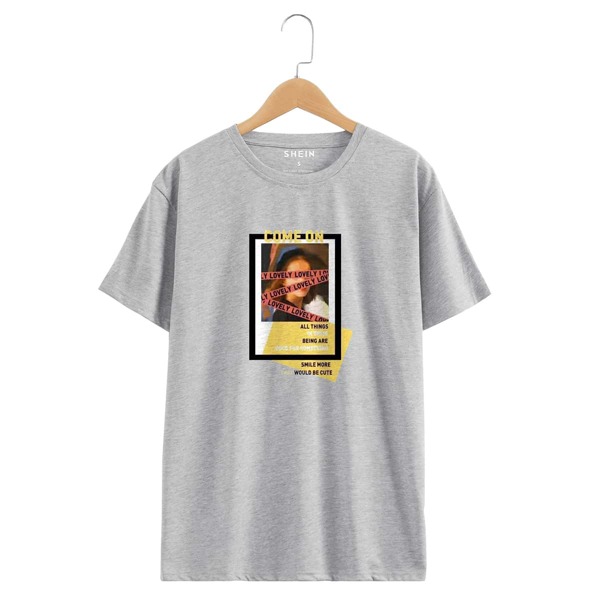 

Figure & Slogan Graphic Round Neck Tee, Grey