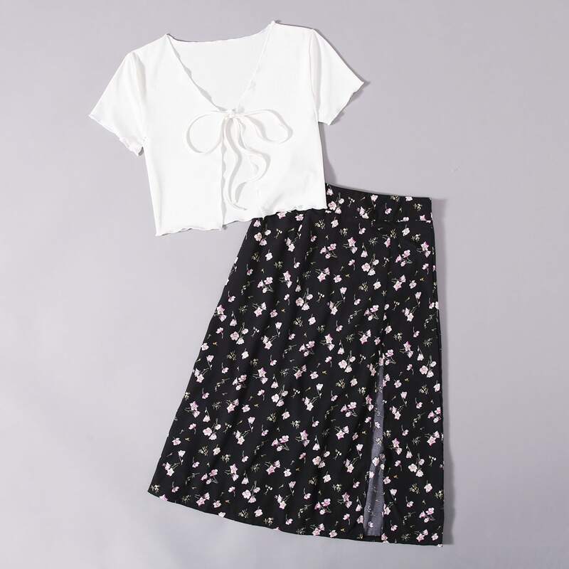

Solid Tie Front Ribbed Top & Ditsy Floral Split Skirt, Multicolor