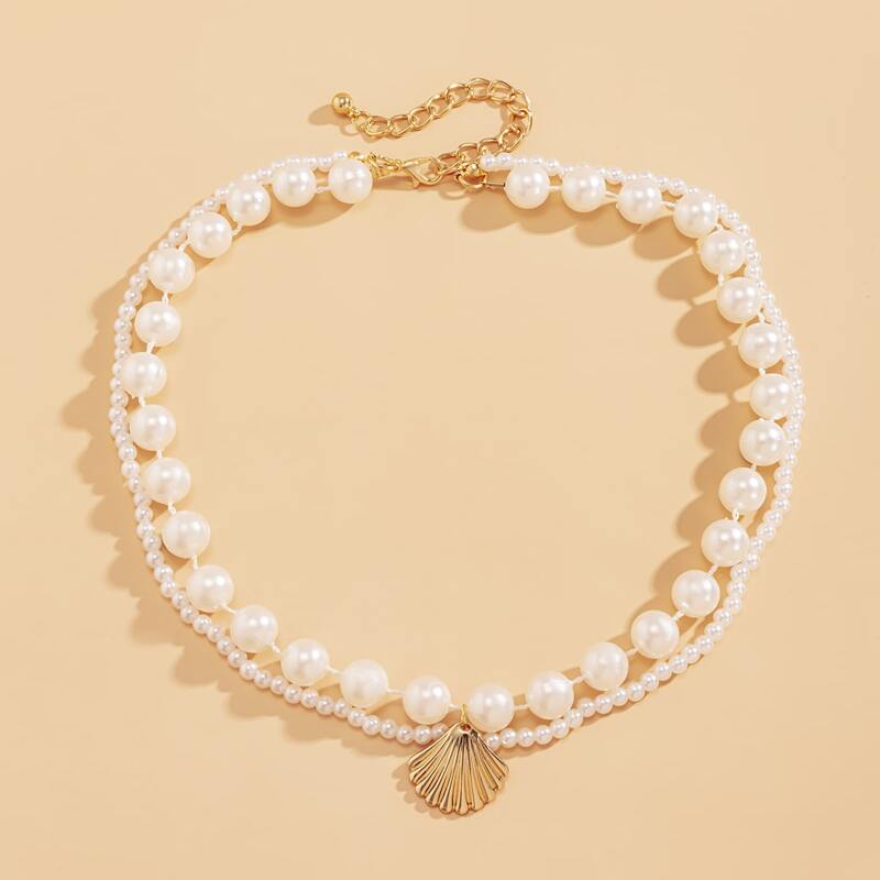 

1pc Shell Pendant Layered Faux Pearl Necklace, White