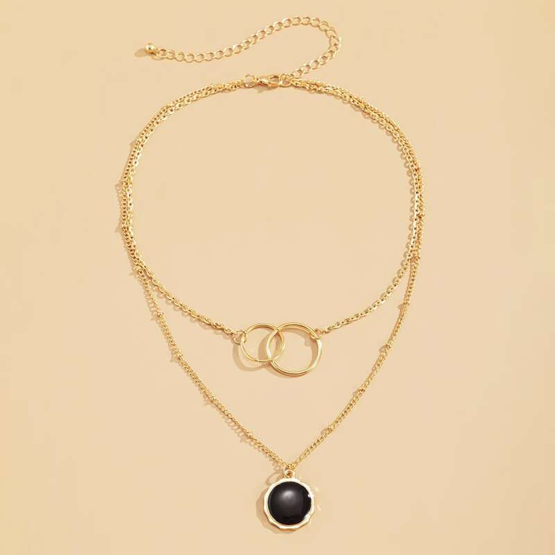 

1pc Round Pendant Layered Chain Necklace, Gold