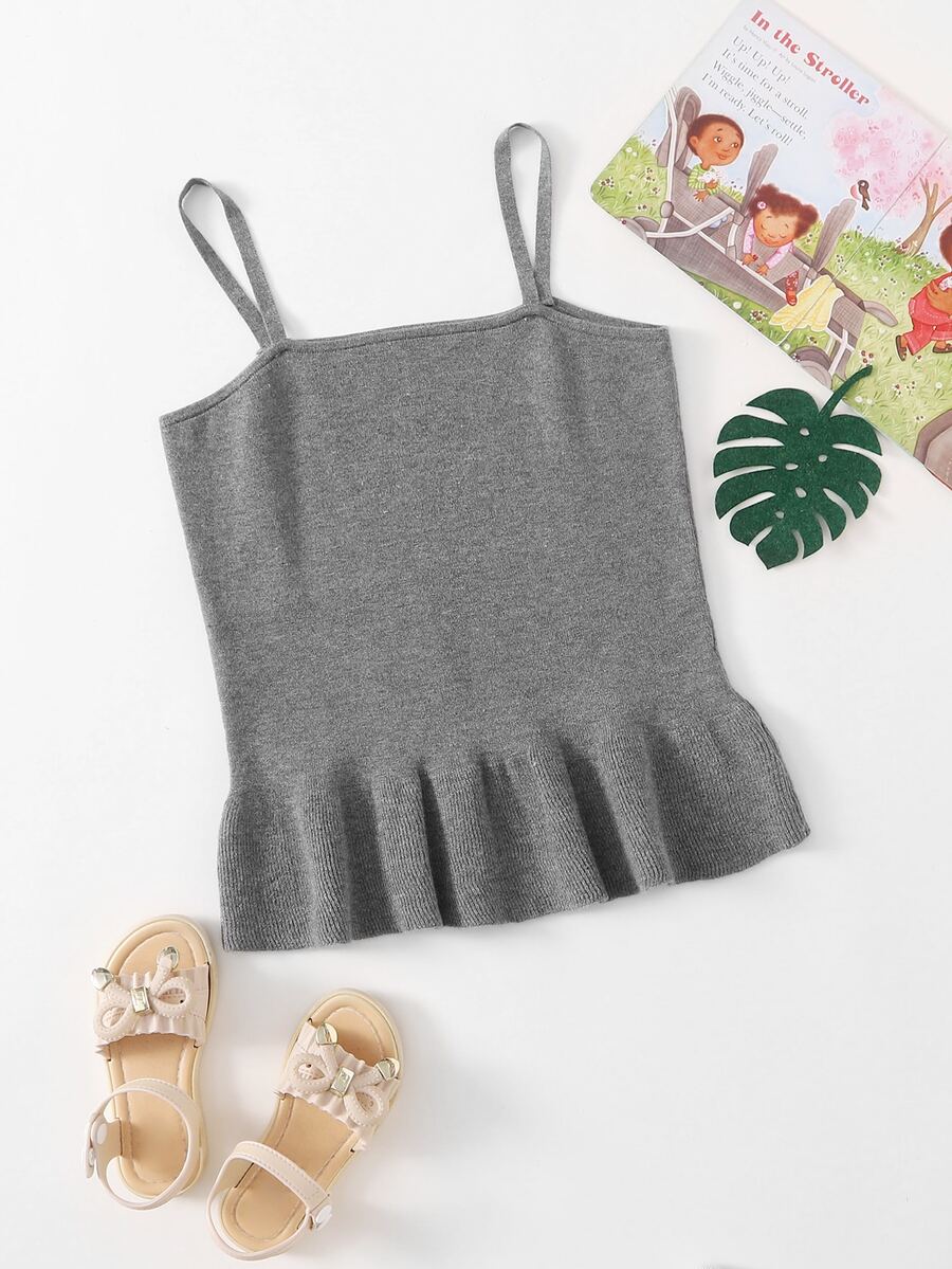 Girls Solid Ruffle Hem Cami Knit Top - Grey - View 1