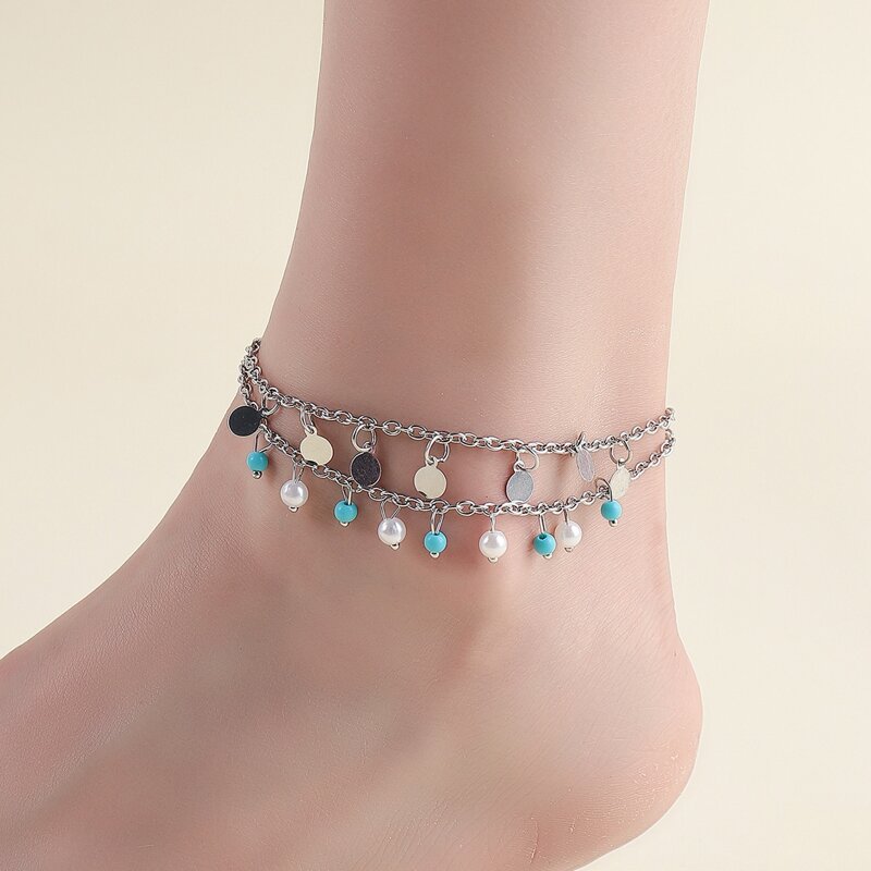 

1pc Beaded Charm Layered Anklet, Multicolor