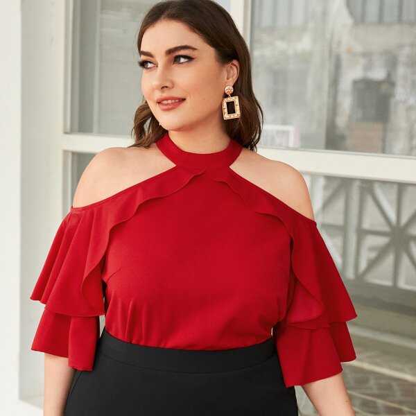 

Plus Cold Shoulder Ruffle Trim Top, Red