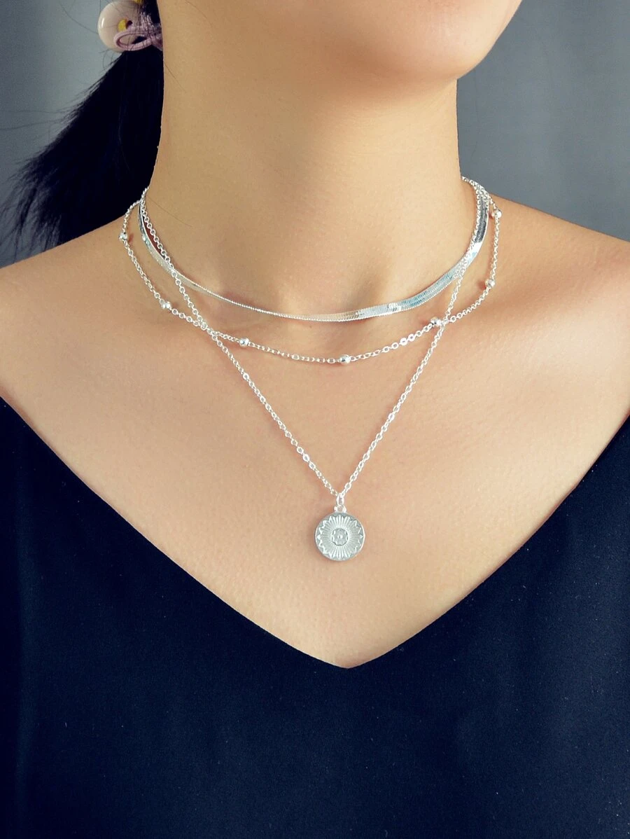 圓形吊墜多層項鍊 - 銀色 - 查看 1