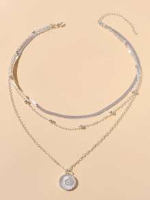 圓形吊墜多層項鍊 - 銀色 - 查看 2