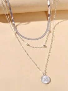 圓形吊墜多層項鍊 - 銀色 - 查看 4
