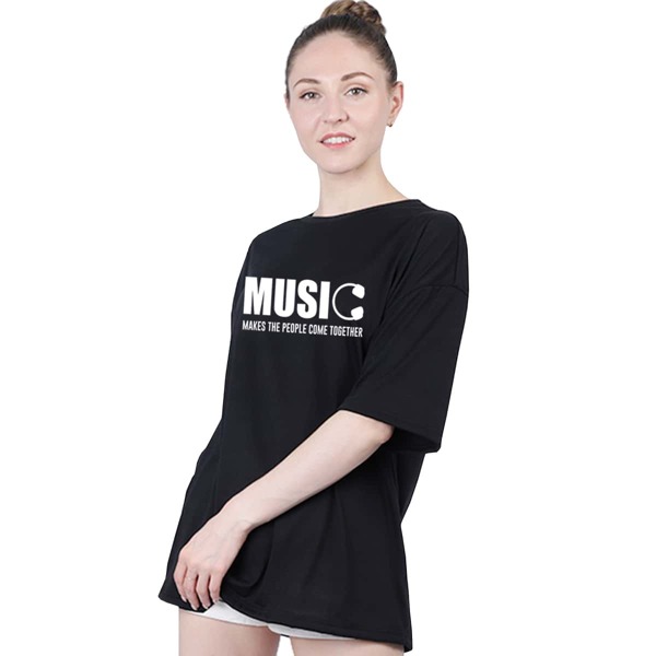 

Slogan & Headphone Print Drop Shoulder Oversized Tee, Black