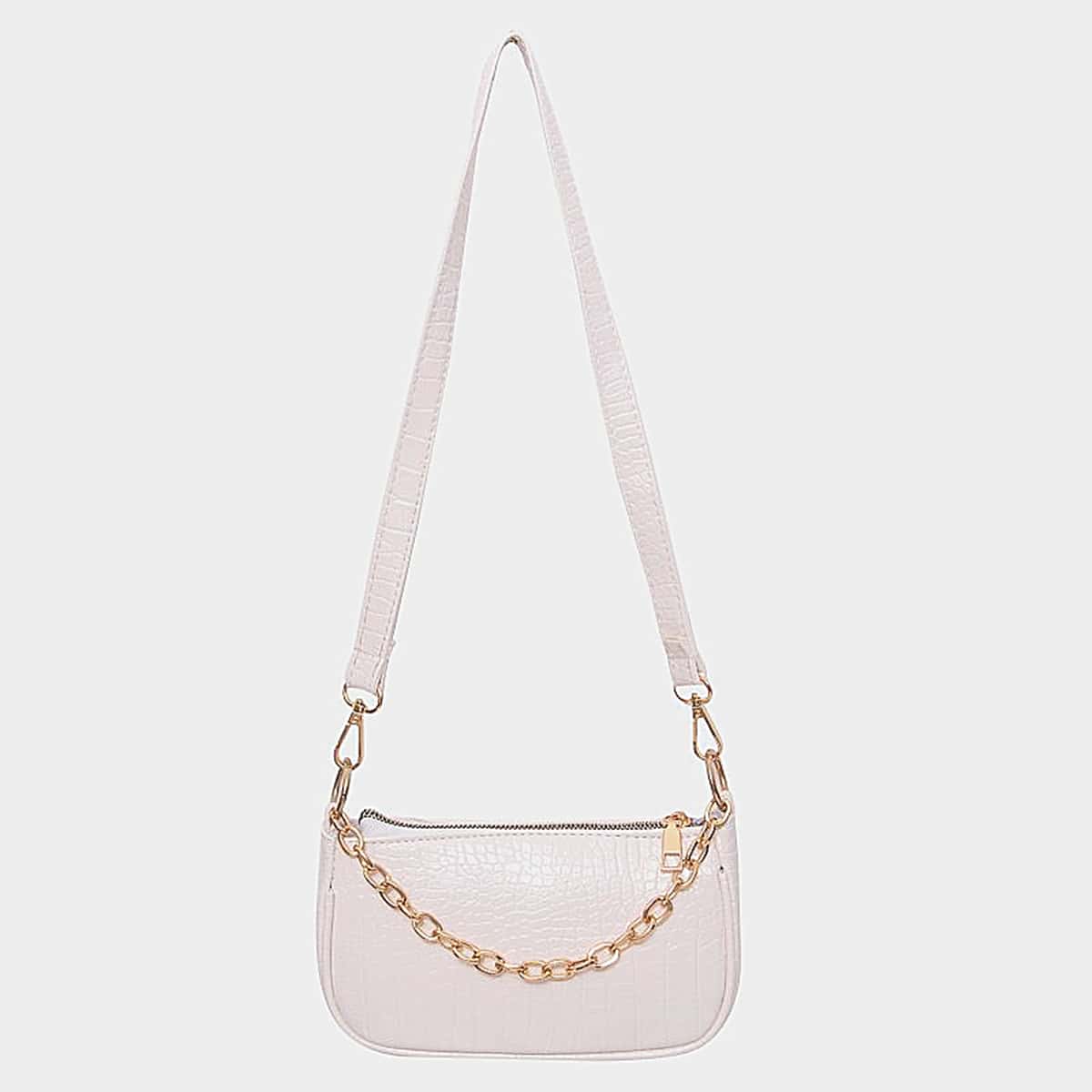 

Croc Embossed Chain Baguette Bag, White