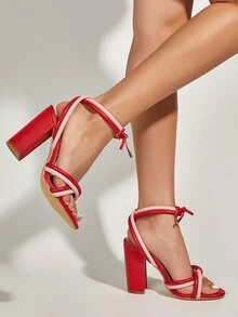 Color Block Chunky Heeled Sandals - Red - View 2