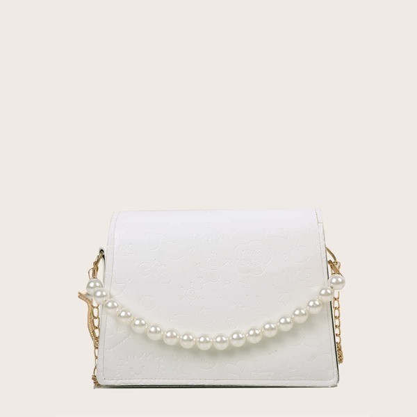 

Faux Pearl Handle Cartoon Embossed Satchel Bag, White