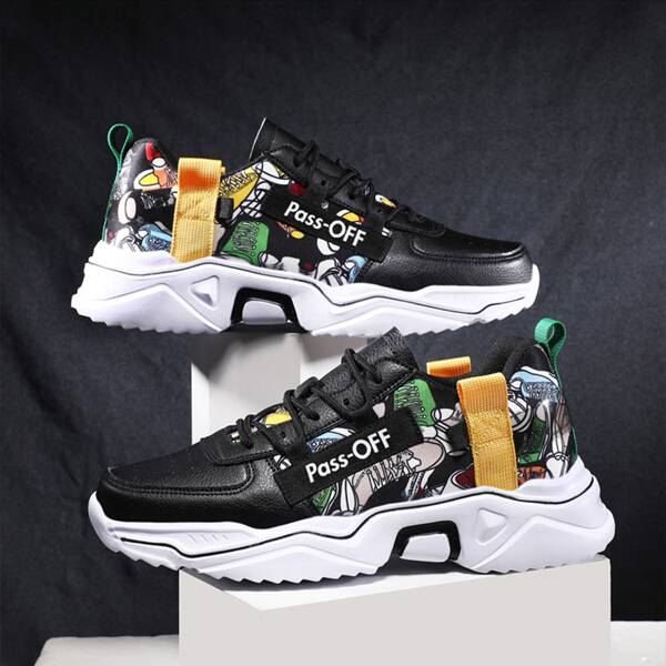 

Men Lace-up Front Cartoon Graphic Sneakers, Black