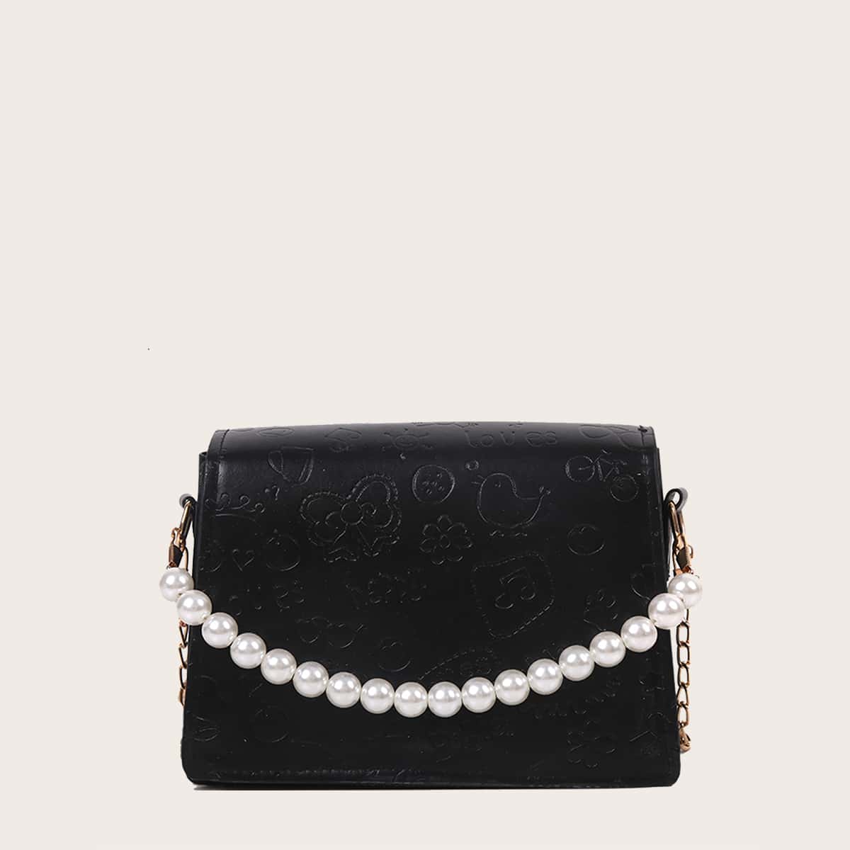 

Faux Pearl Handle Cartoon Embossed Satchel Bag, Black