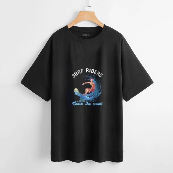 

Slogan And Figure Print Tee, Black