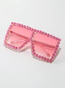 1pc Unisex Rhinestone Decor Oversized Square Frame Fashion Eyeglasses, Suitable For Streetwear, Travel, Vacation, Sports, Driving, Festivals, Beach, EDM, Casual Outings, Summer Accessories, Family Outings, Elegant Looks, Vacation Vibes, Sports, Parties, Outdoor Activities, Streetwear Styles, Fishing, Holidays, Vacations - Baby Pink - View 1